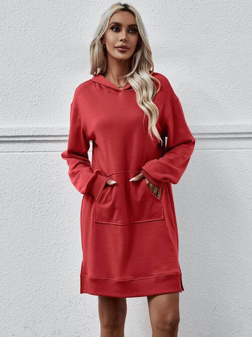 Slit Long Sleeve Hooded Dress with Pocket