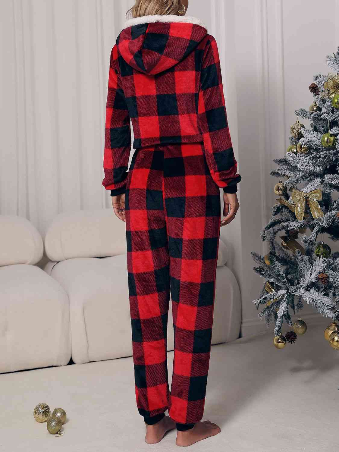 Plaid Zip Front Long Sleeve Hooded Lounge Jumpsuit